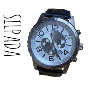 SILPADA Chronograph Black Leather Silver Case Bezel Vintage Unisex